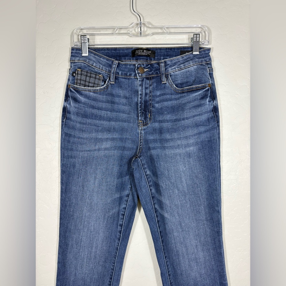 Judy Blue Plaid Cuff Mid Rise Slim Fit Distressed Denim Jeans Size 5/27 - Picture 5 of 12
